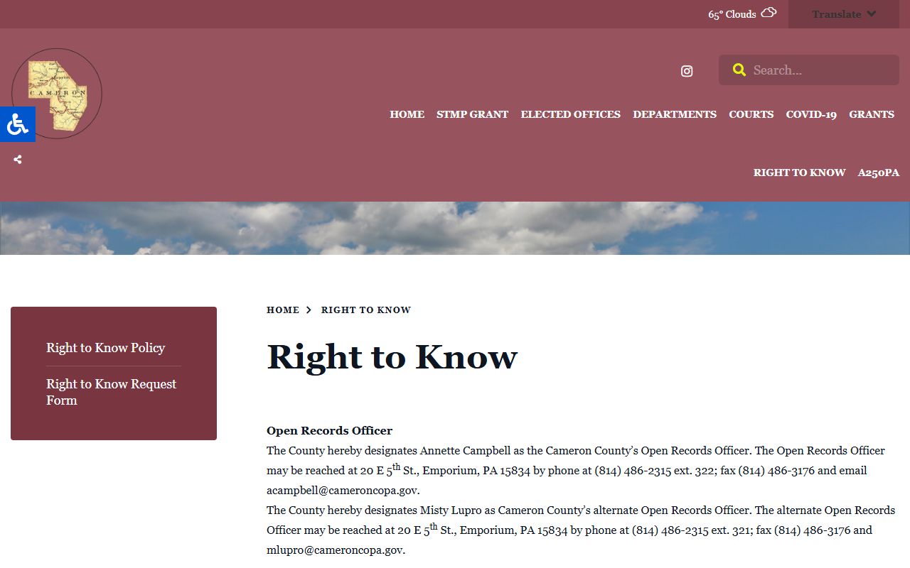Cameron County inmate records Right to Know request page